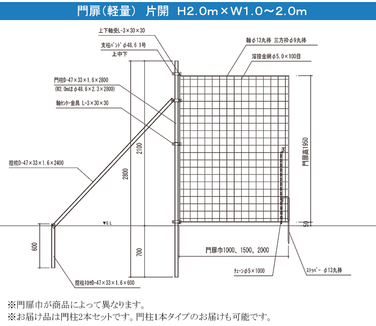 金網門扉 片開 H2.0m×W1.0m(両柱)