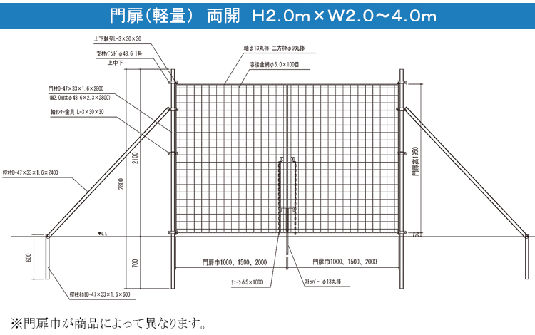金網門扉 両開 H2.0m×W2.0mm