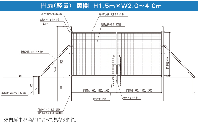 金網門扉 両開 H1.5m×W2.0mm