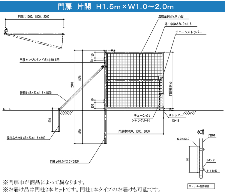 金網門扉 片開　H1.5m×W1.0m（両柱）